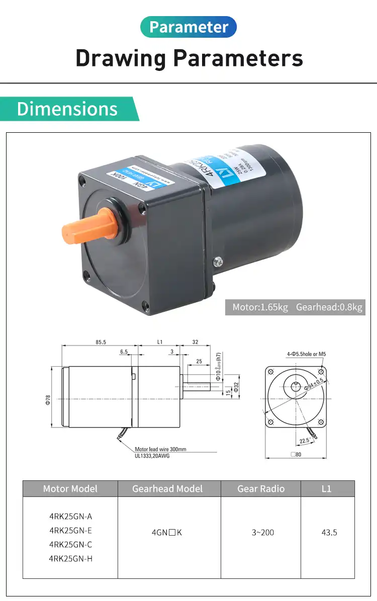 25W Single Phase AC Gear Motor