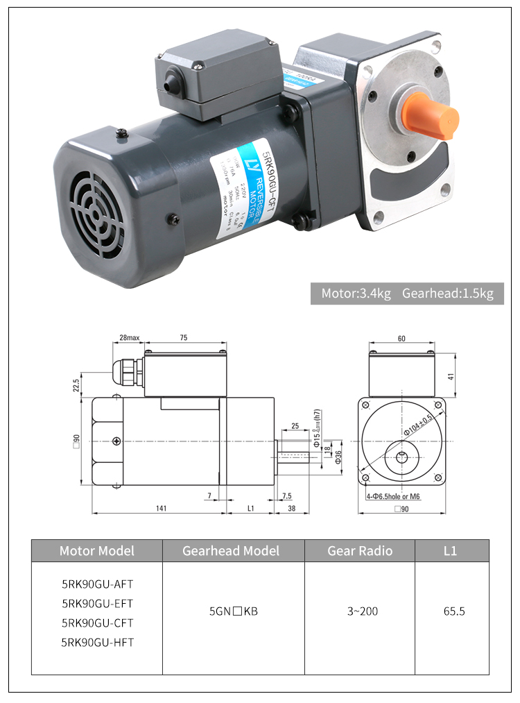 90W 1phase AC Gear Motor with Terminal Box