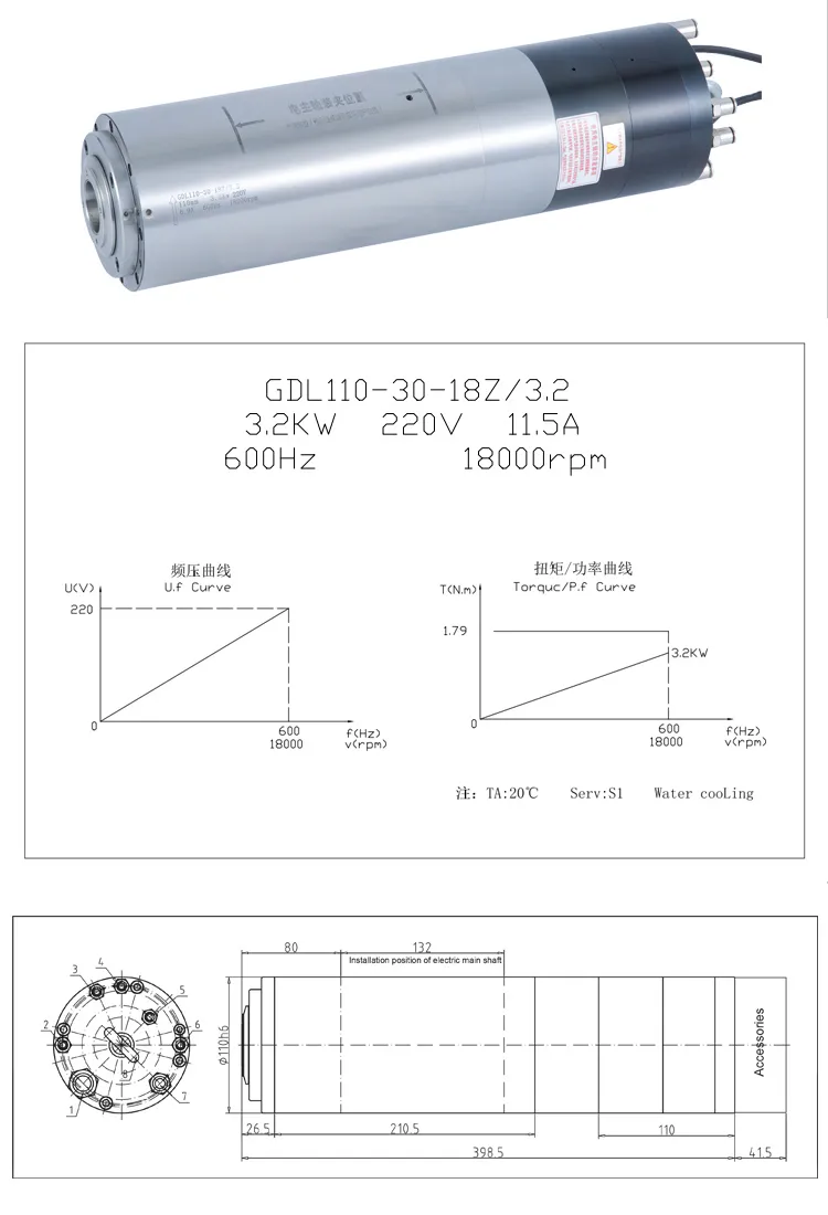 220/380V AC 3.2KW 18000rpm Water Cooled ATC Spindle Motor