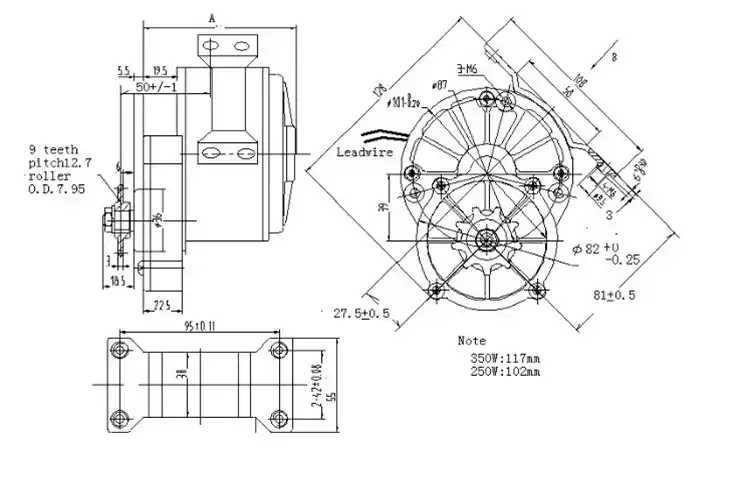 250W 24V Brushed PMDC Geared Gear Motor For E-bike