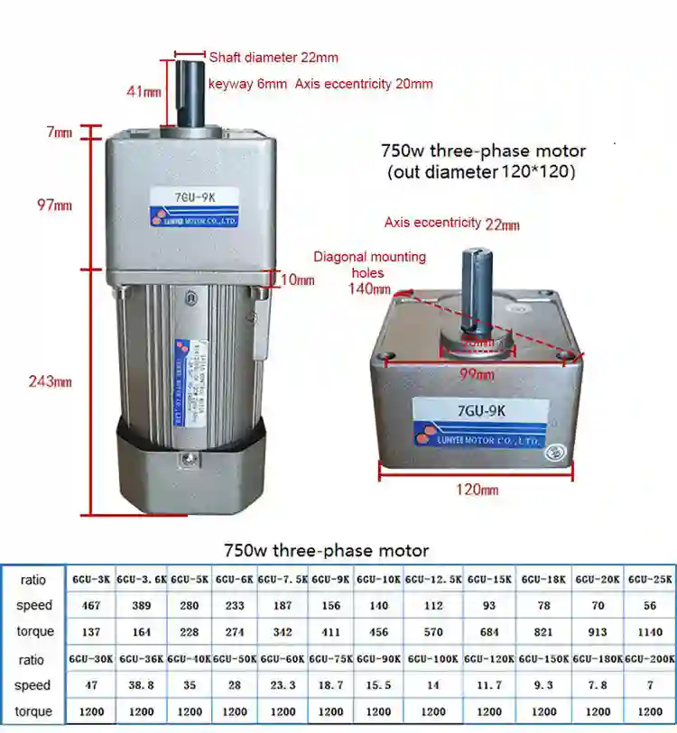 750W 220V single three phase micro ac gear motor with inverter