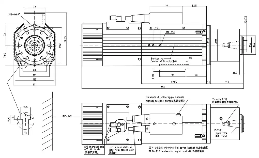 Air Cooling 220/380V 9KW 12000-24000rpm ATC Spindle Motor