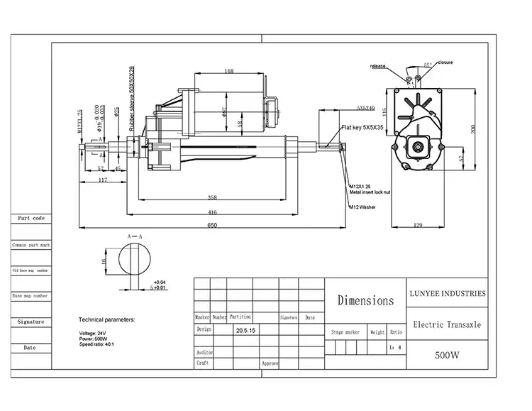 500W 105-125RPM 24V Rear Axle DC Electric Motor Kit