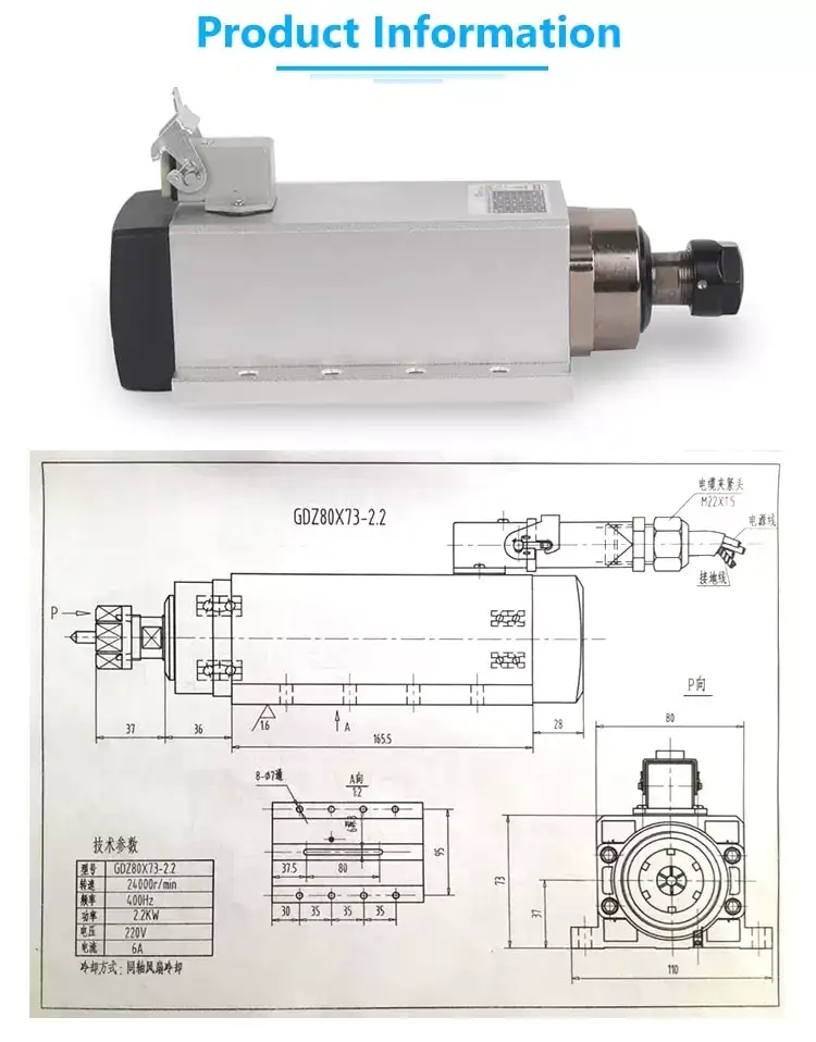 380/220V 2.2kW 24000rpm Air Cooling Drilling Spindle Motor